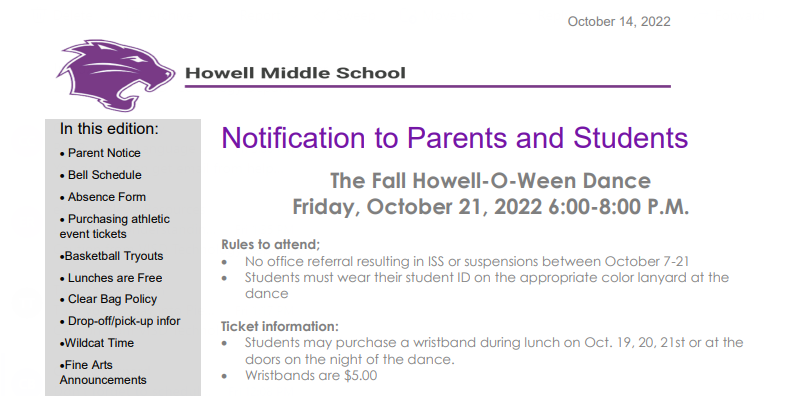 Howell MS Newsletter 10/14/2022