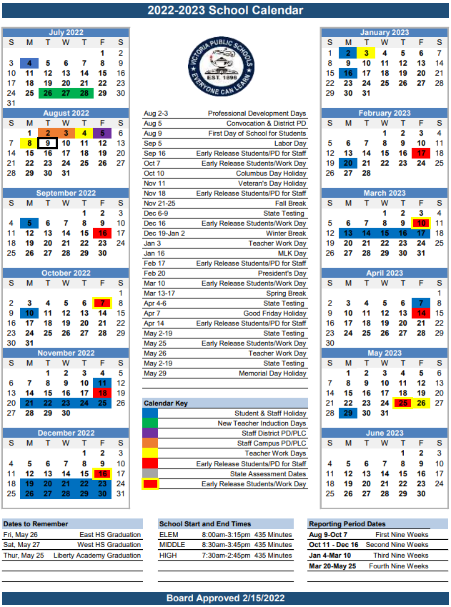 Board approves 2022-23 academic calendar | Victoria Independent School