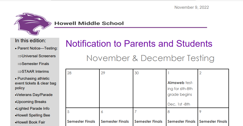 Howell MS Newsletter #3, 11/09/2022