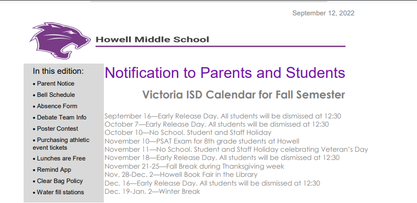 Howell MS Newsletter 09/12/2022