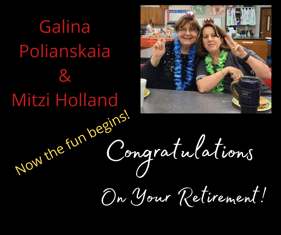 Ms. Polianskaia and Ms. Holland grin at their retirement party
